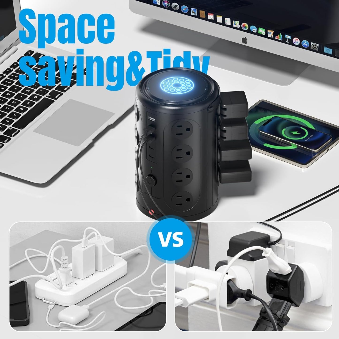 Tower Power Strip with 15W Wireless Charger, 15FT Extension Cord with Multiple Outlets, 16 AC Outlets & 5 USB (2 USB C) Charging Station Surge Protector for Office Home Dorm Room (Black)