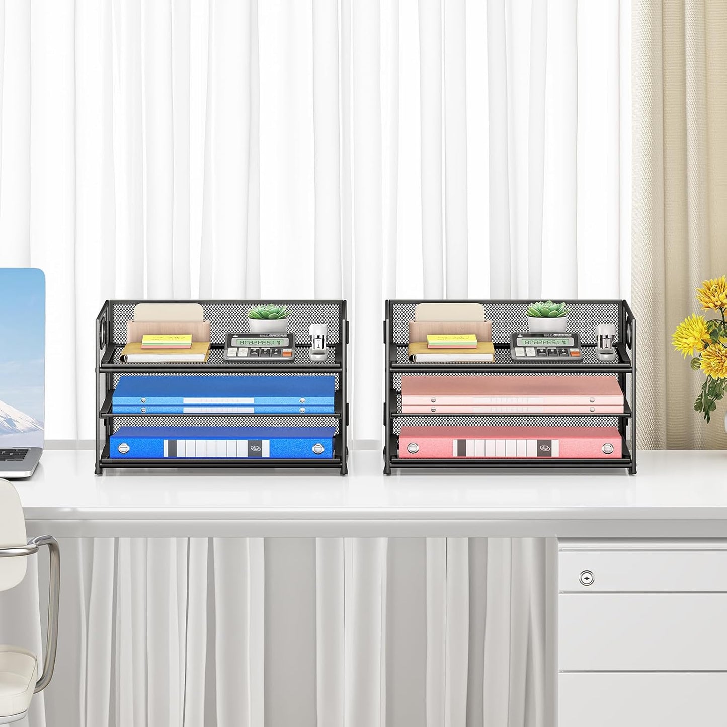 Subekyu 2-Pack 3-Tier Paper Letter Tray Organizer for Desk, Black Metal Mesh File Sorter Organizer with Handle and 1 PC Sliding Tray for Home Office School Desk Supplies Organization Storage