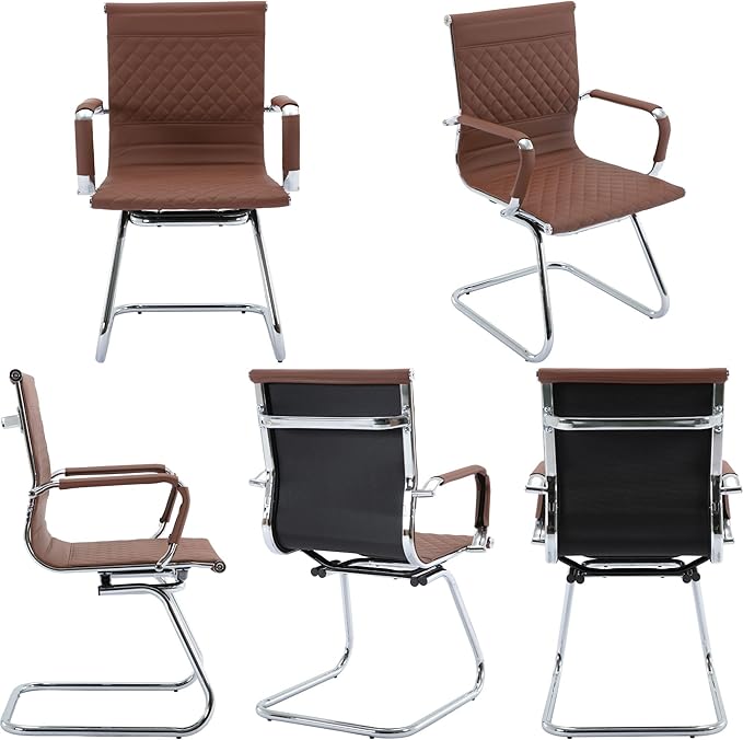 Office Guest Reception Chairs Set of 4 - Modern PU Leather Conference Room Chair With Mid Back for Waiting Room, Desk - Coffee