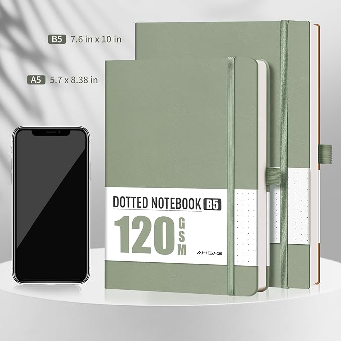 AHGXG Bullet Dotted Journal - Dot Grid Notebook Journal, 120 GSM Thick Acid-Free Paper, A5 Dotted Notebook 160 Pages, Leather Hardcover, Inner Pocket, Journal Stencil, 5.7'' × 8.3'' - Sage Green