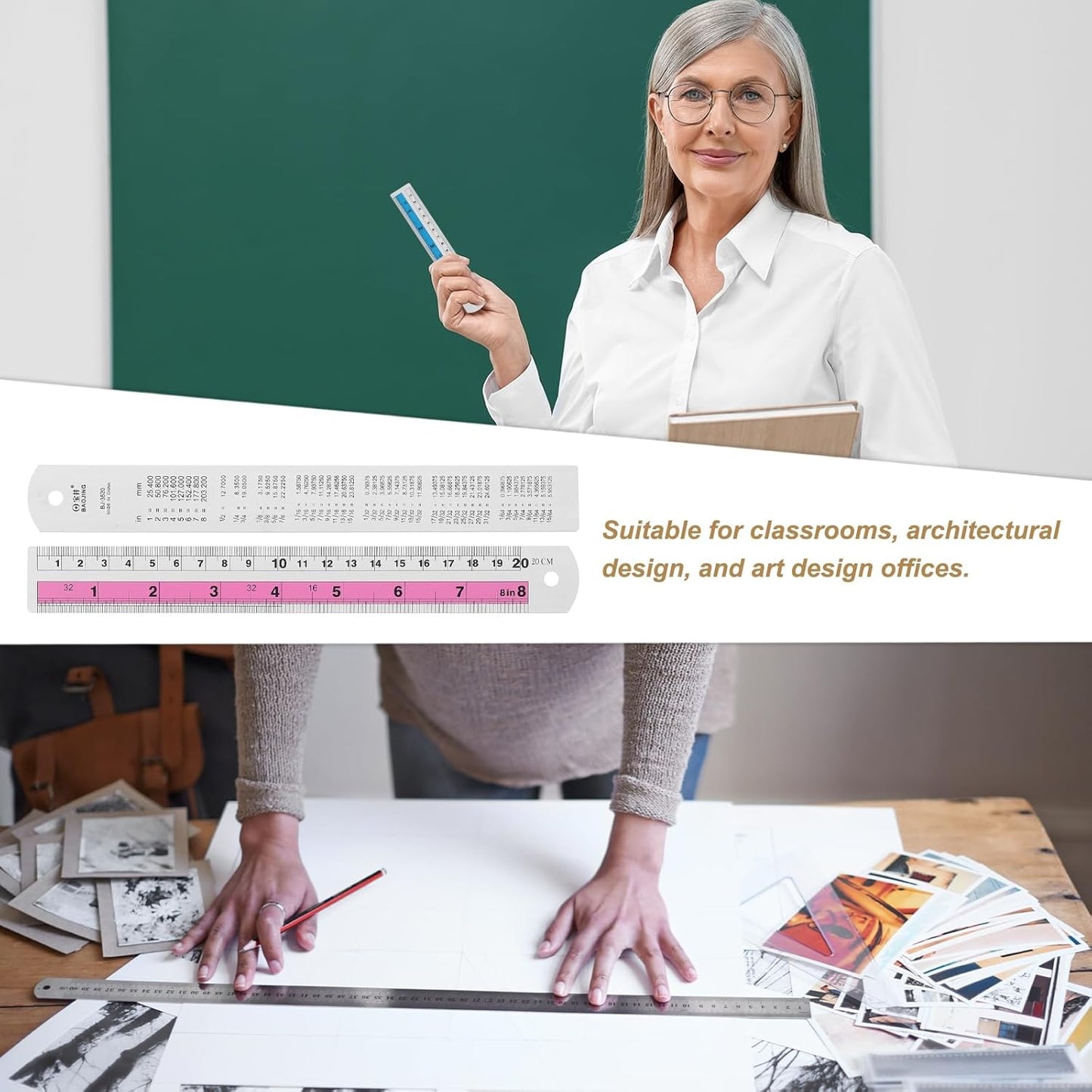 HARFINGTON 6pcs Metal Straight Ruler 20cm Metric SAE Aluminum Alloy Measuring Rulers Scale Tools with Hole for Measure Study Reading Classroom Office, Pink