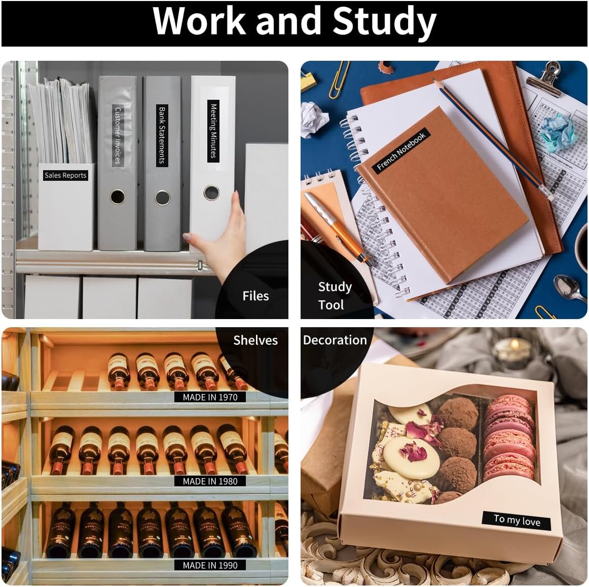 Fimax 4 x Label Maker Tape White on Black M-K335 MK 335 Replacement Brother P Touch M Tape 12mm 0.47 Black, Compatible with Brother P Touch PT-M95,PT-90,PT-70,PT-65,PT-85 Label Maker Refills