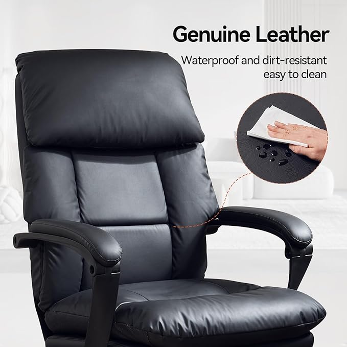 EMIAH Real Leather Office Chair with Foot Rest, Reclining Ergonomic Executive Office Chair with Arms, High Back Comfy Swivel Computer Desk Chairs with Wheels and Lumbar Support for Home Office, Black