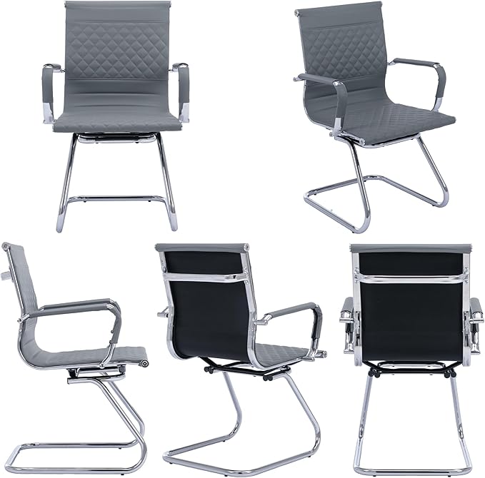 Office Guest Reception Chairs Set of 4 - Modern PU Leather Mid Back Conference Room Chairs for Waiting Room, Desk - Grey