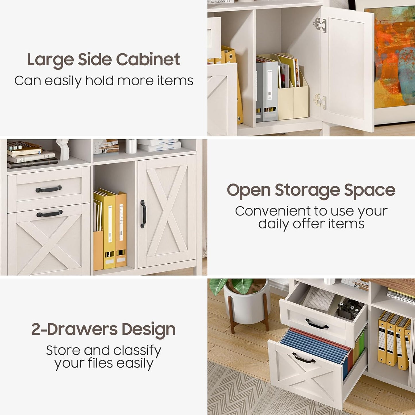 Lateral File Cabinet with 2 Drawers and Door, Farmhouse File Cabinet for A4/Letter Size Hanging Files, Large Wood File Storage Cabinets Printer Stand with Open Space for Home Office Furniture, White