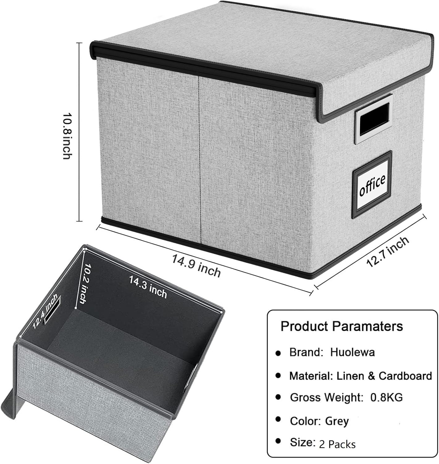 Huolewa Collapsible File Storage Organizer Boxes with Lids, Portable Large Linen Hanging Filing Storage Boxes, Decorative Home/Office Filling System for File and Folder Storage (Grey)-2 Pack