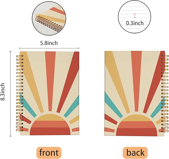 VNWEK Retro Groovy Boho Notebook - Boho Journal, Boho Gifts for Women, Boho Office Supplies, Vintage Boho Sun Sunshine Spiral Notebook 5.5x8.3,Writing Notebooks