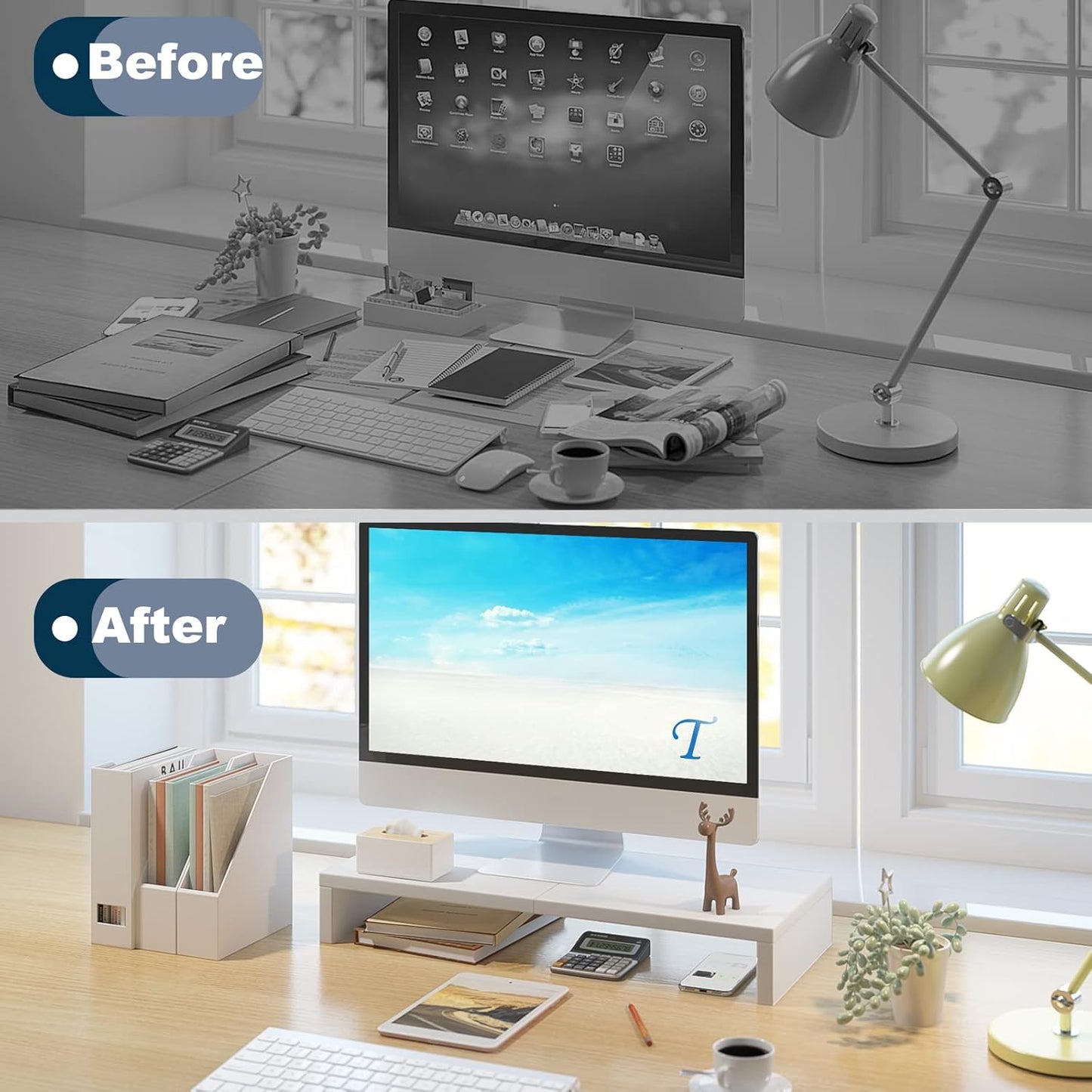 TEAMIX 20 inch White Monitor Stand Riser, Wood Desktop Stand for PC/TV/Laptop/Printer, White Monitor Riser with Storage, Computer Stand with Keyboard Organizer