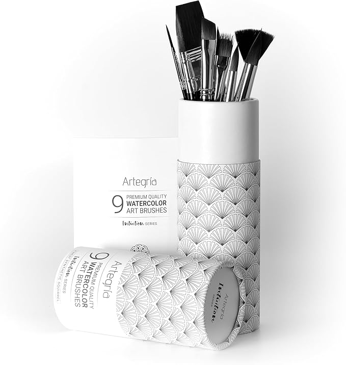 ARTEGRIA Watercolor Brush Set, 9 Professional Soft Synthetic Squirrel Paint Brushes, Including Round Detailers, Flat Wash, Rigger, Rake, Fan, Angled Shader
