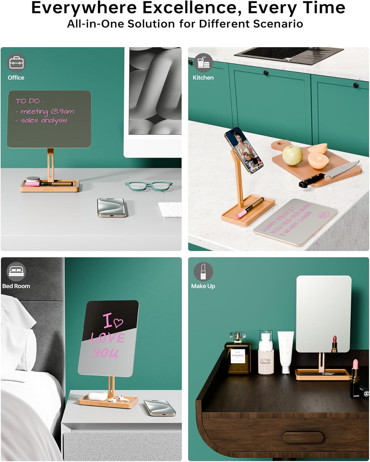 YEOUX Premium Desktop Glass Mirror, Dry Erase Board & Magnetic Phone Stand 3-in-1 | 360° Adjustable | Solid Wood | MagSafe Compatible, Small Whiteboard for Office Home Desk