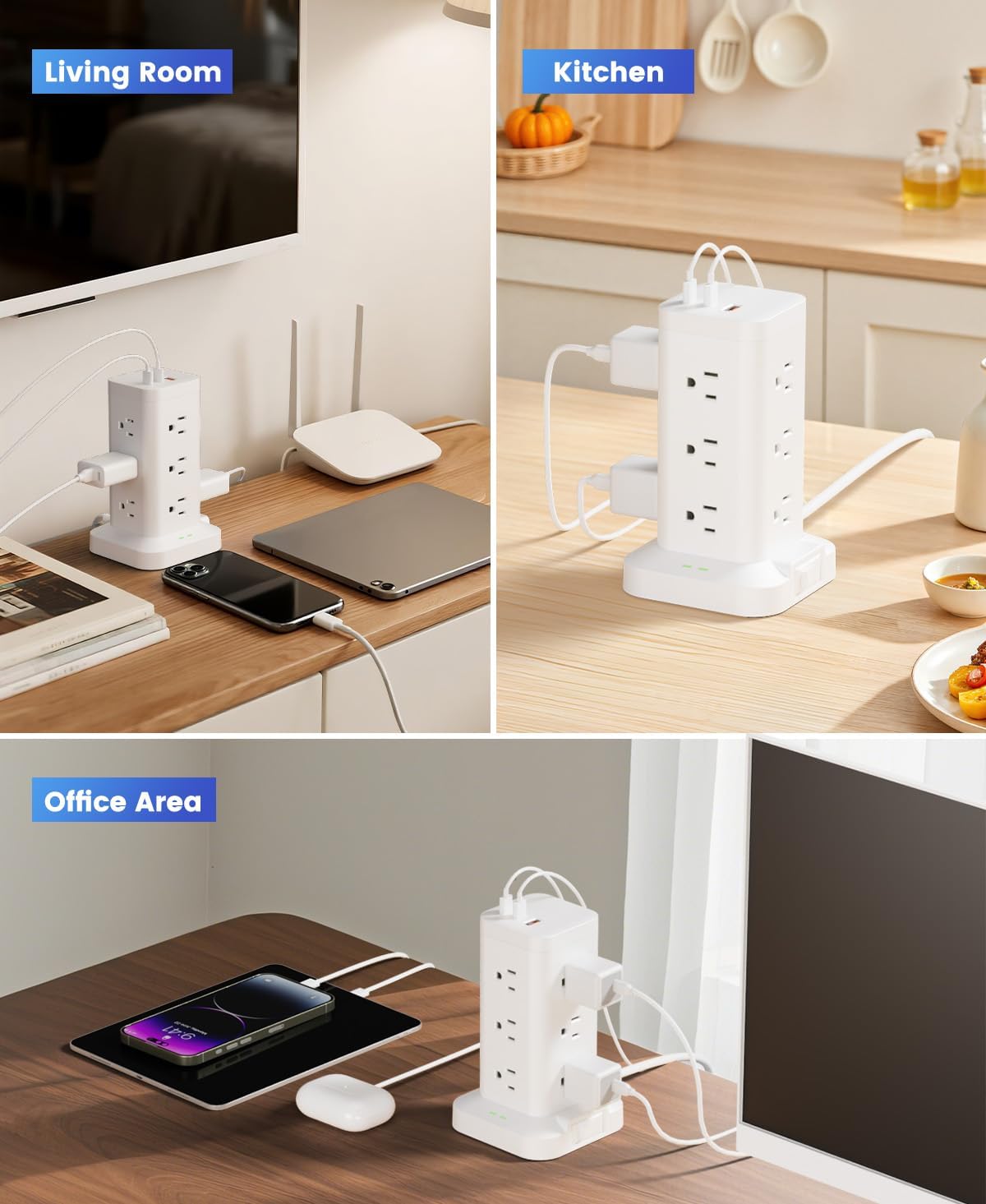 15-in-1 Power Strip Tower with Surge Protector 1800J, Fast Charging Tower PD20W USB-C Ports with 12 AC Outlets, 10ft Extension Cord for Home Office Dorm Room, White