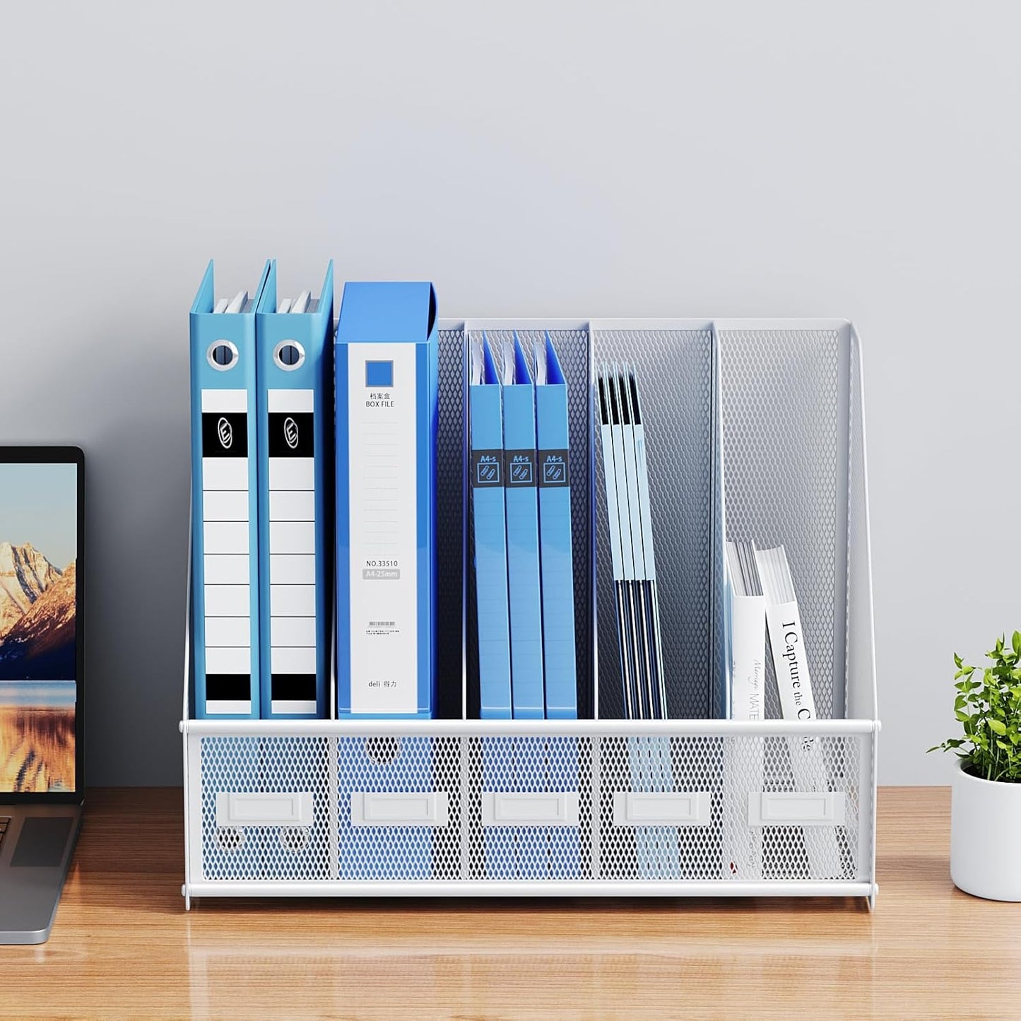 Marbrasse File Organizer for Desk,Desk File Organizer with 5 Vertical Compartments Mesh Magazine File Holder for Office Home School