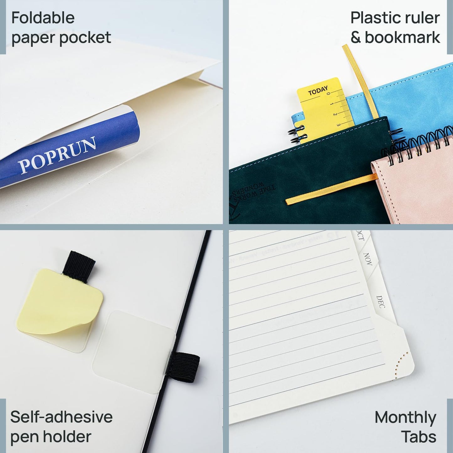 POPRUN 2026 Planner Weekly Notebook (Jan-Dec), Medium 8.5''x 6.5'' - Agenda 2026 Calendar Book with Monthly Tabs, Inner Pocket, Spiral Soft Cover, 100 GSM - Brown