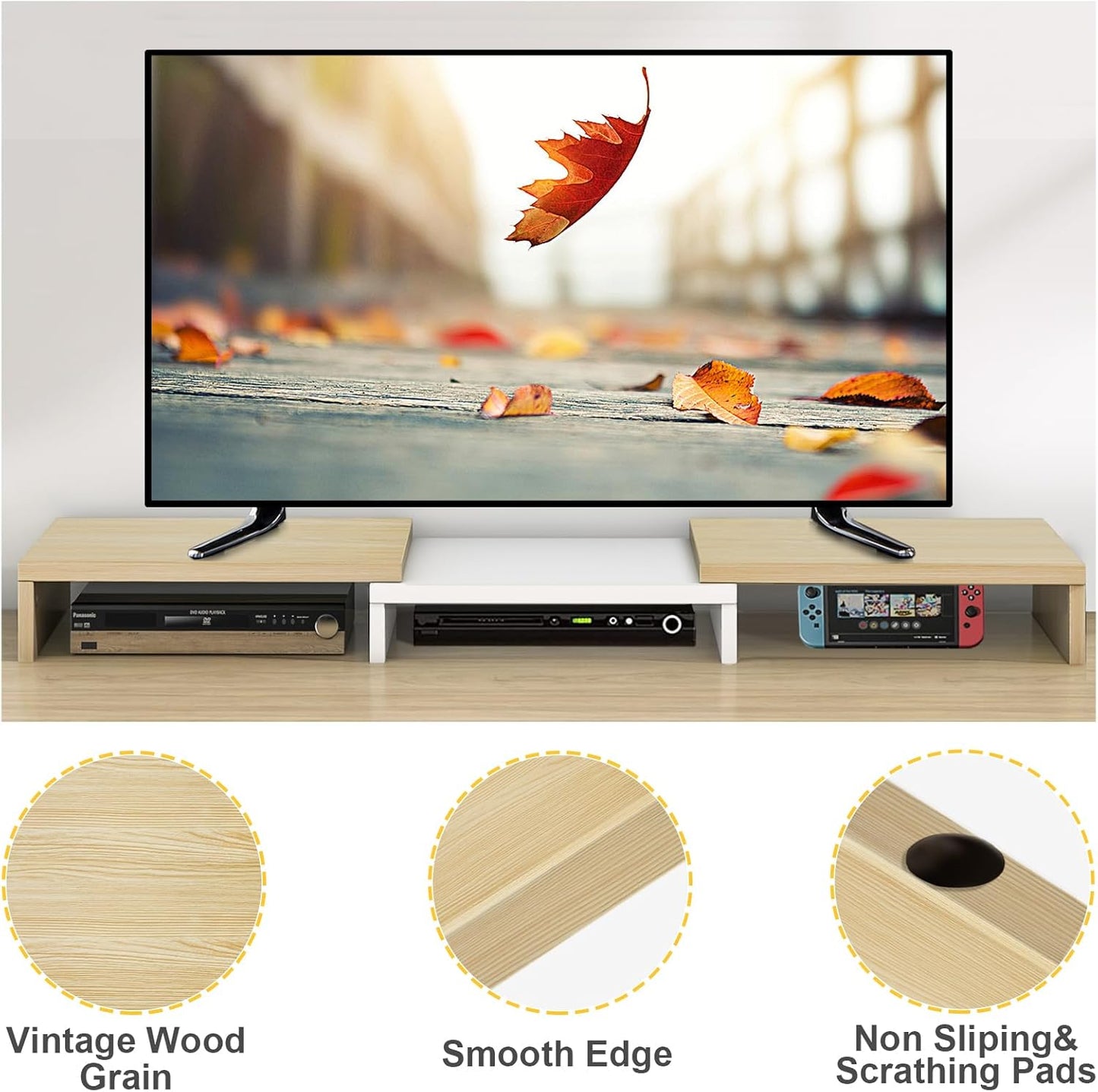 TAVR Dual Monitor Stand Riser, Computer Monitor Stands for 2 Monitors, Extra Long Multifunctional Desktop Organizer Riser for Computer, Laptop, PC, Printer, TV, Max 48.2" Length, Oak