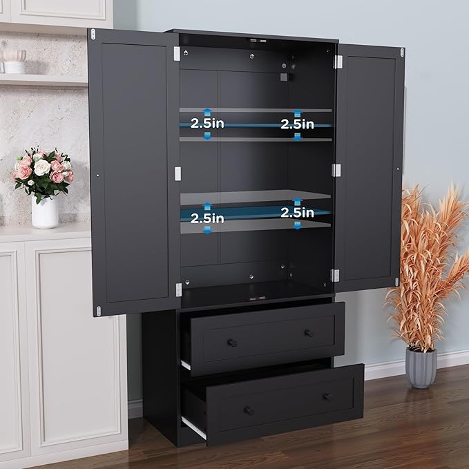 64.2" Tall Black Kitchen Pantry, Storage Cabinet with Doors and Drawers, Freestanding Wooden Organizer for Kitchen, Dining Room