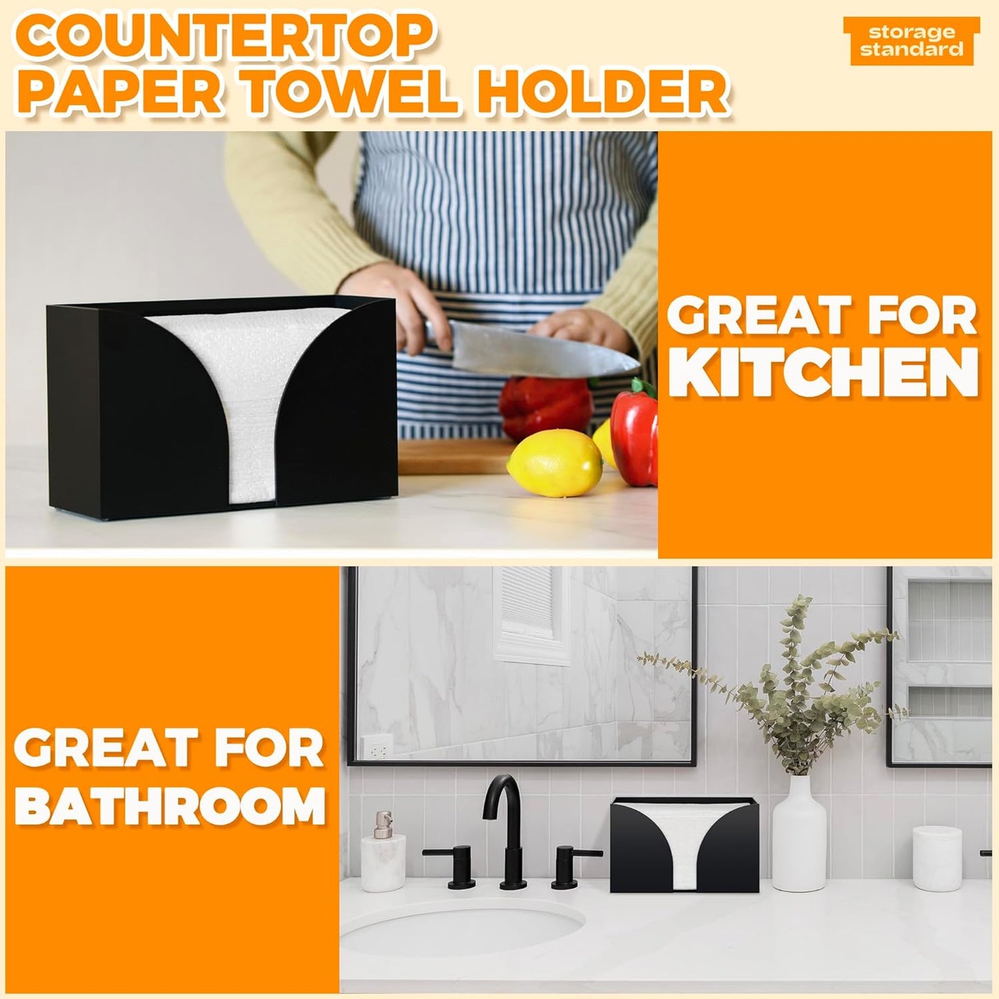 Storage Standard Multifold Paper Towel Dispenser Countertop - Matte Black Paper Towel Holder Bathroom, Durable Acrylic Napkin Holder for Bathroom, Kitchen, Office & Restaurant, 10.75 x 6.5 x 4 Inches