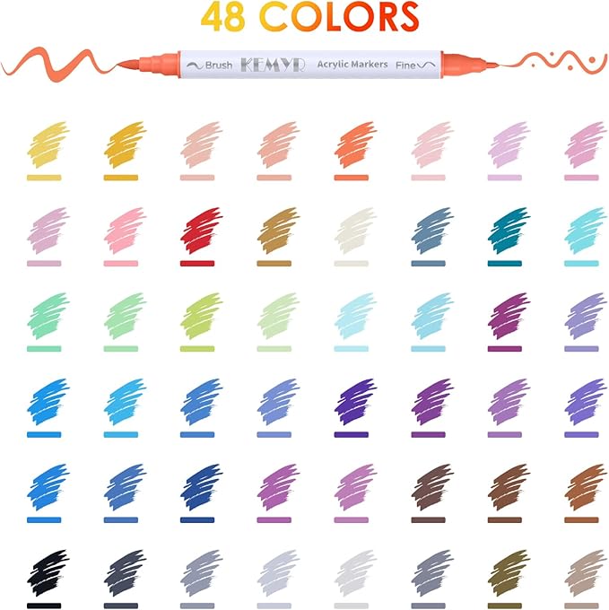 48 Colors Brush & Fine Tip Acrylic Paint Pens, Dual Tip Acrylic Paint Markers for Paper, Wood, Canvas, Stone, Rock, Glass, Fabric, DIY, Ceramic, Art Supplies for Kids and Adults Drawing
