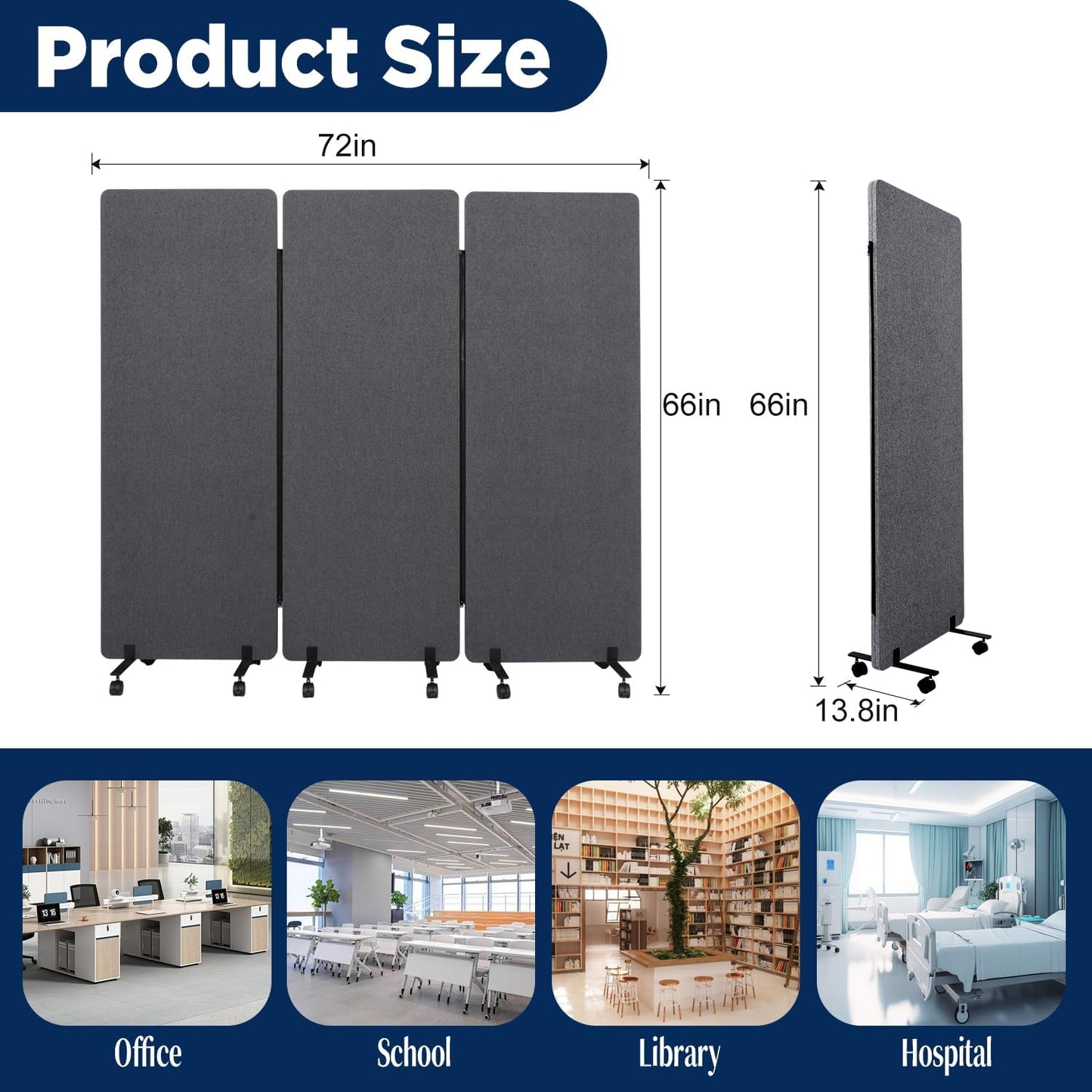 Sound Proof Dividers w/Wheels, Portable Office Wall Divider for Room Partition, Soundproof Room Divider Privacy Panel Partition Cubicle Wall Temporary Wall for Office (Dark, 3 Panel)