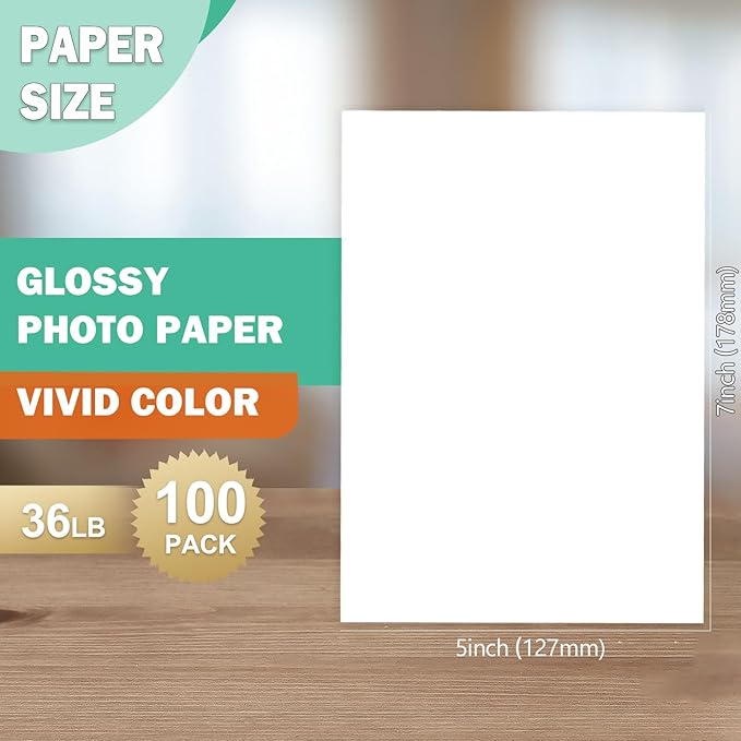 5x7 Glossy Photo Paper for Inkjet Printer, Thin Glossy Photo Paper for Chip Bags, 5R Photo Paper 36 lb, 100 Pack
