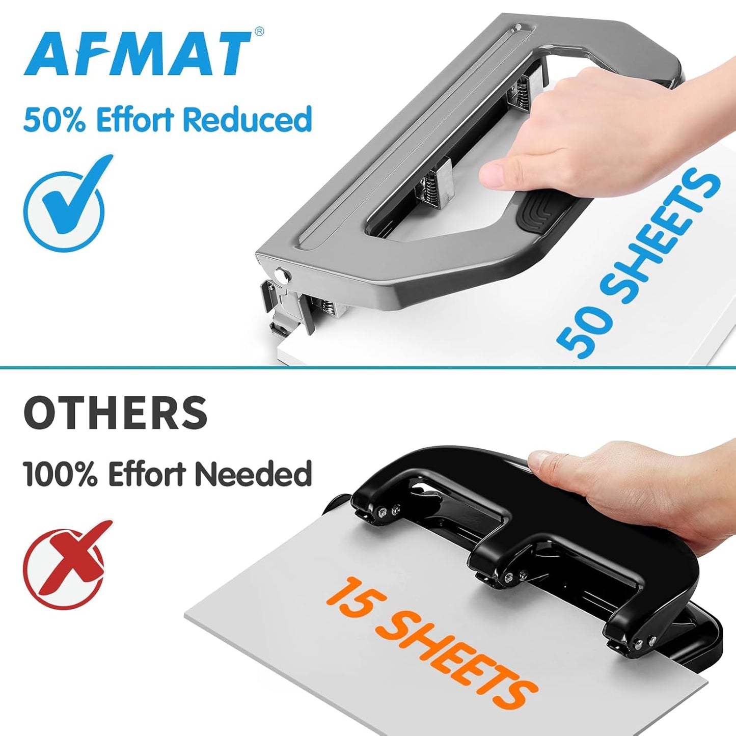 AFMAT Heavy Duty 3 Hole Punch, 50-Sheet, 50% Reduced Effort, Adjustable Two & Three Hole Punch, Metal Paper Puncher w/Large Chip Tray, Metal Paper Guide, Gray