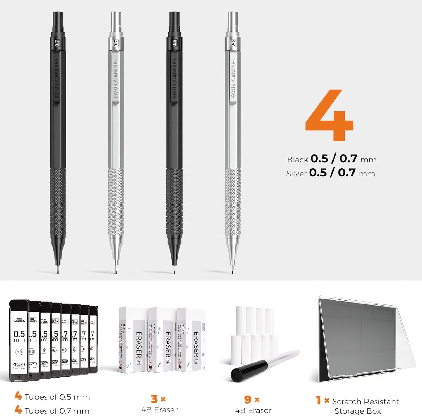 Four Candies 4PCS Metal Mechanical Pencils Set with Case, 0.5mm & 0.7 mm Artist Pencil with 8 Tubes (480PCS) HB Lead Refills, 3 Erasers,9 Eraser Refills For Writing Drafting, Drawing, Black&Silver