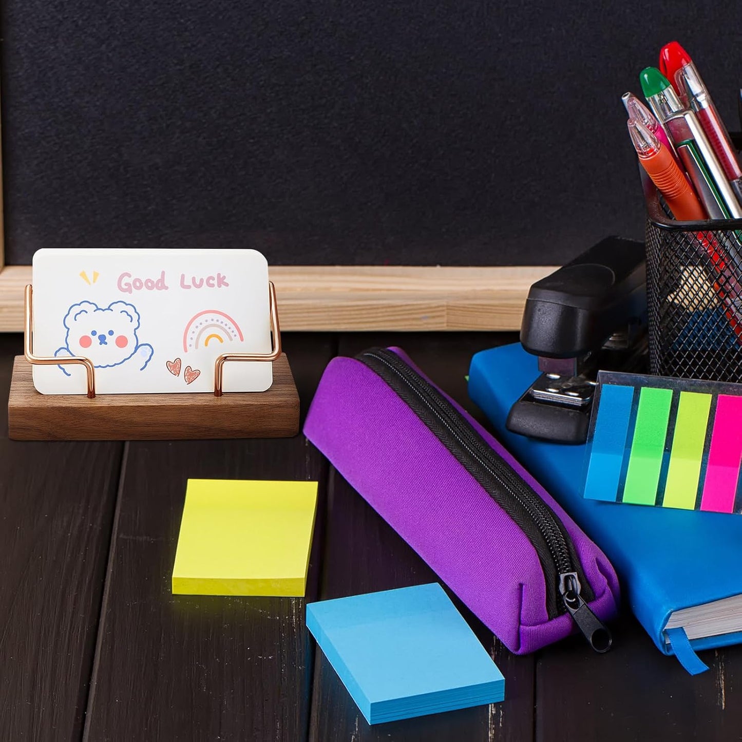 Amyhill 2 Pieces Wood Business Card Holder for Desk Wooden Business Card Display Stand Postcard Holder for Office Home Desktop (Wood Color, Rose Gold)