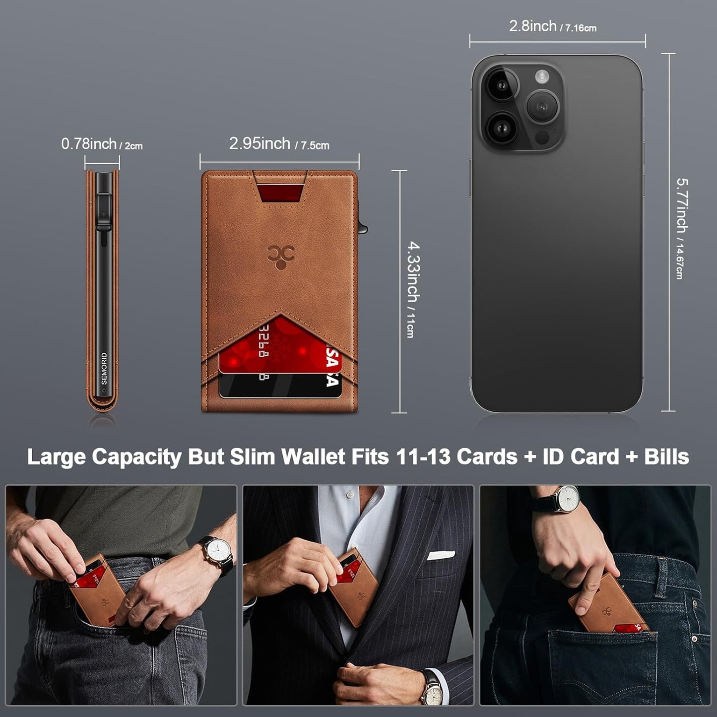 Wallet for Men Wallet with Slim Pop Up Card Holder for 12-14 Cards, RFID Blocking Bifold Minimalist Smart Wallet, Credit Card Holder with ID Window & Cash Slot, Compact Metal Card Case, Gifts for Men