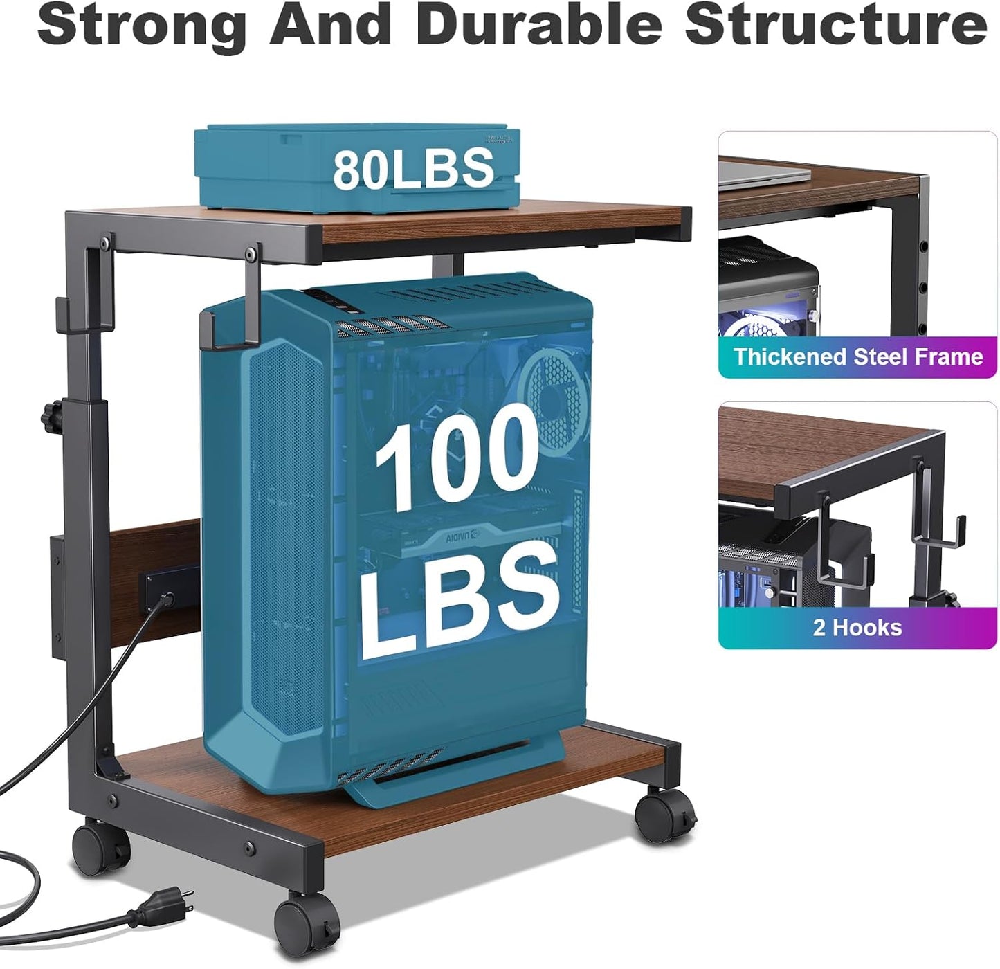 Computer Tower Stand with Charge Station and USB Charging Port - Height Adjustable PC Tower Stand, Under Desk CPU Holder Cart with Locking Caster Wheels for Fits Most PC