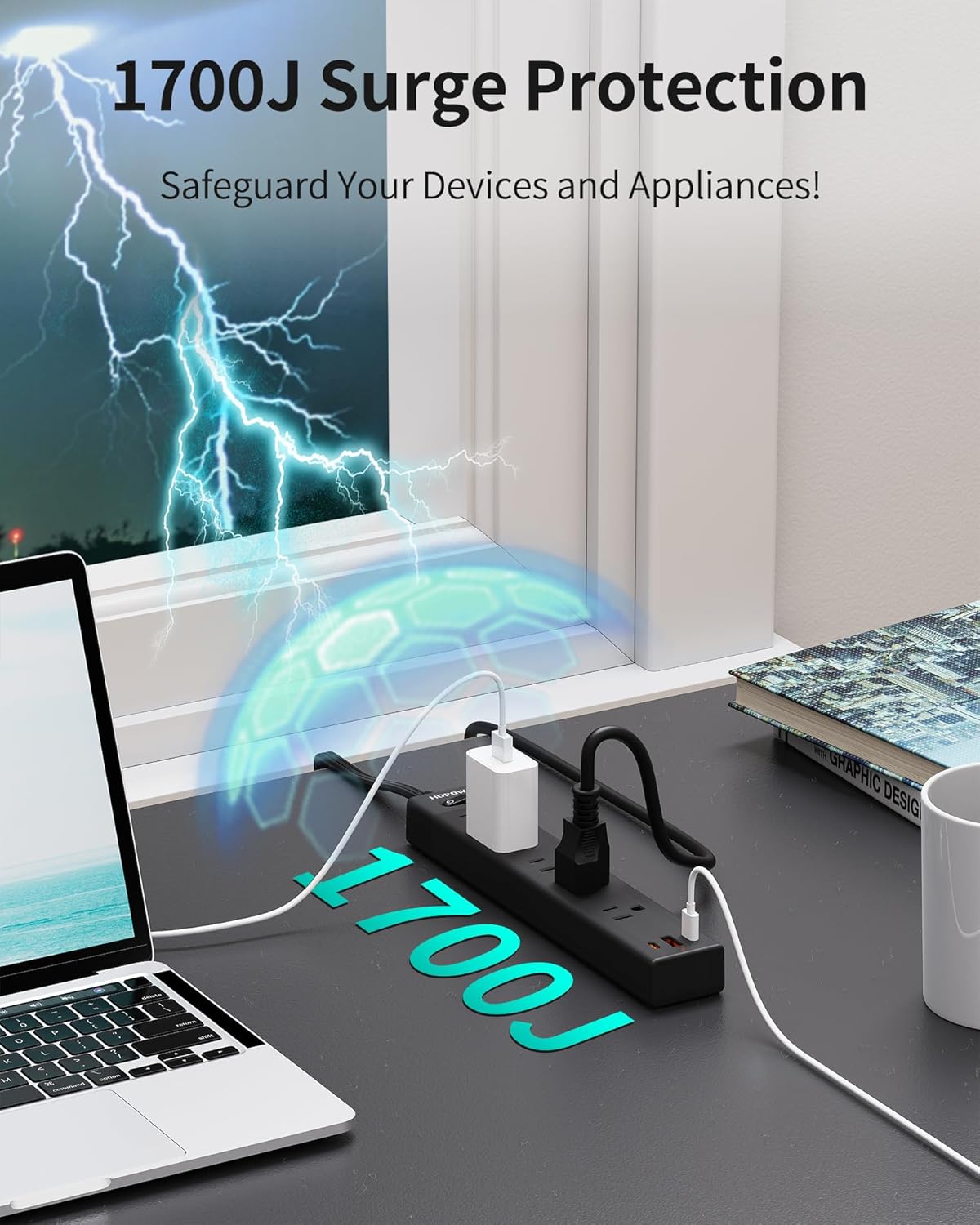 Flat Plug Power Strip, 2 Pack, 6 Ft Ultra Thin Flat Extension Cord, Surge Protector with 5 Outlets & 3 USB Ports (2 USB C Slots), 1700 Joules, 3-Prong, Wall Mount for Home Office Dorm, Black