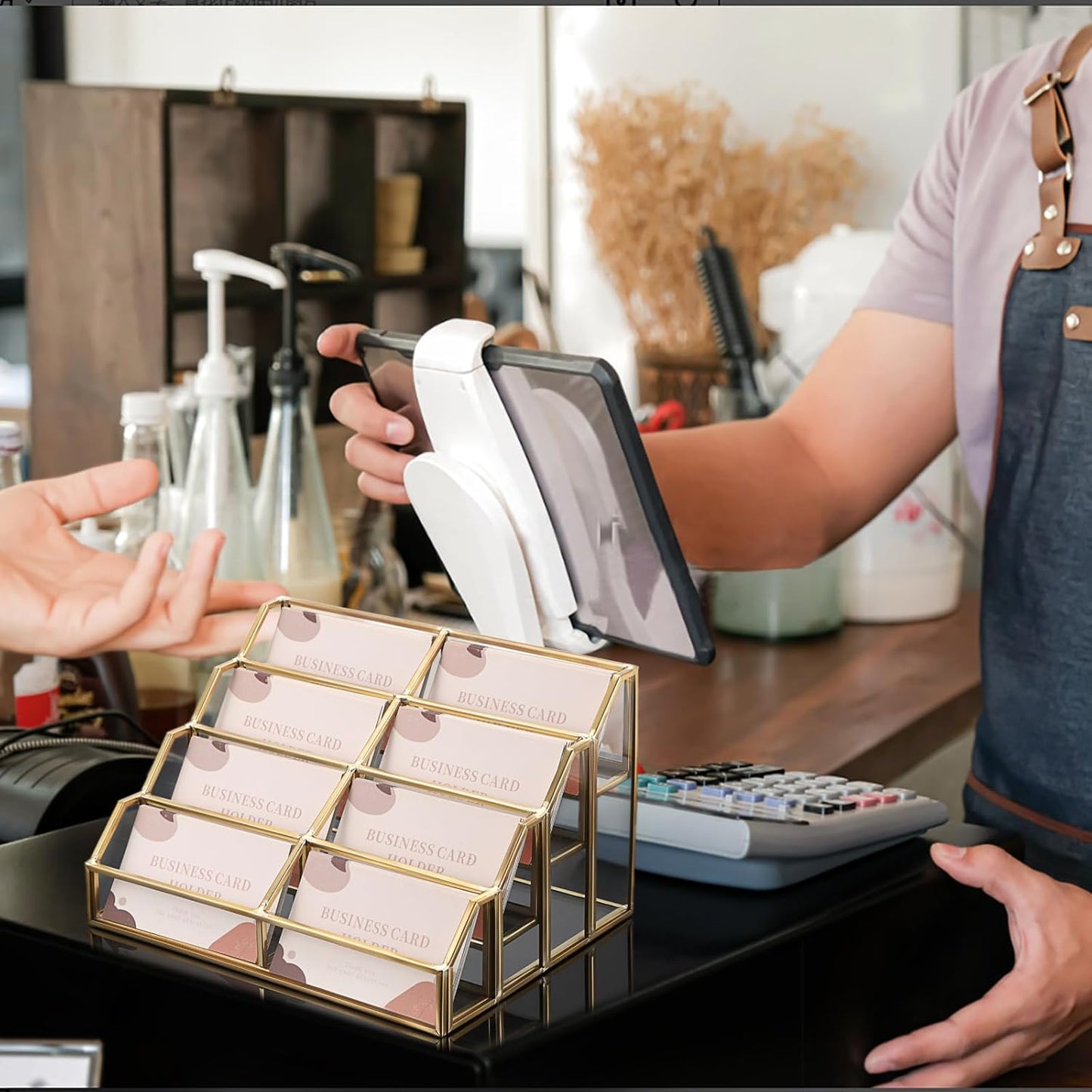 Hipiwe Mirrored Glass Business Card Holder Gold Business Card Display Stand for Desk Multiple Clear Business Card Holder Display for Office Desktop Cards Display Stand for Women Men, 8 Slots