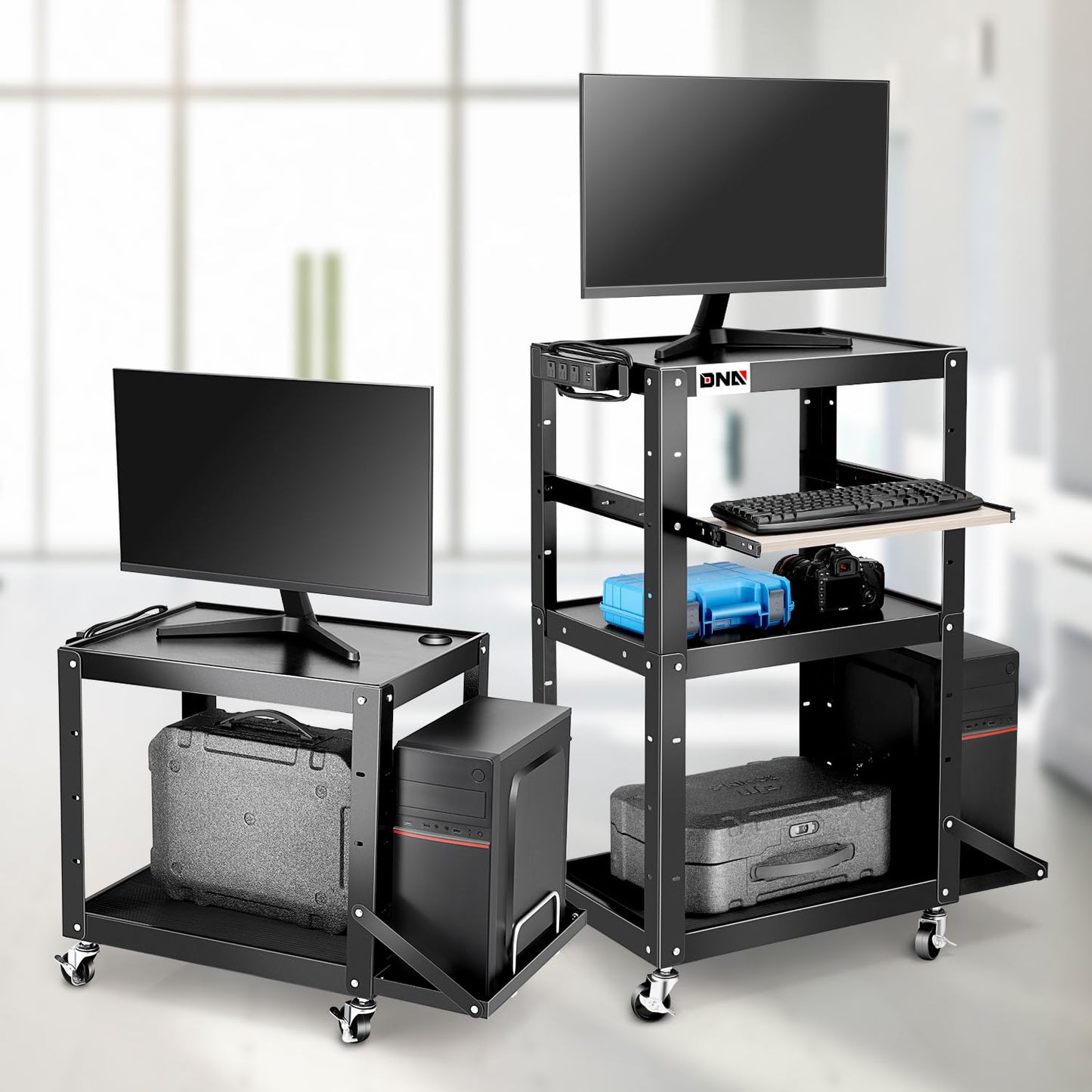 DNA MOTORING Steel AV Cart 3-Layer Rolling Projector Utility Cart, 24" X 18" X 24.6"- 42.5" Height Adjustable, with Wheels, Pullout Keyboard Tray, Power Strip, Cord Management, TOOLS-00497