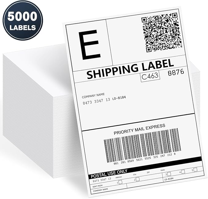 JTIEO 4" x 6" Thermal Labels, 5000 Fanfold Direct Thermal Shipping Labels, Perforated White, Commercial Grade with Permanent Adhesive,Compatible with Most Thermal Printers.