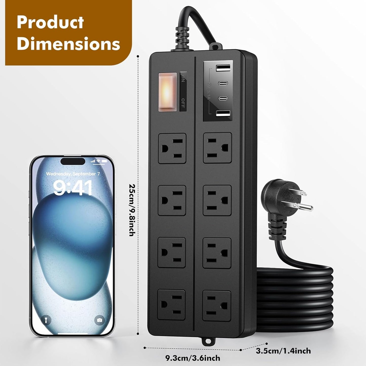 IPX6 Outdoor Power Strip Weatherproof, Waterproof Surge Protector with 8 Wide Outlet with 2A2C USB Ports, 10FT Long Extension Cord, Wall Mountable for Outside Decorations and More UL Listed(Black)