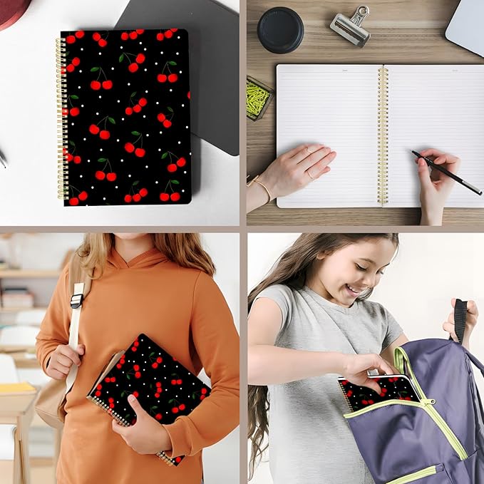 Cute Spiral Notebook journal A4 Aesthetic Pretty Design for Women Girls Kawaii with Pocket, 8.5 x 11 inch, Lined, Cherry