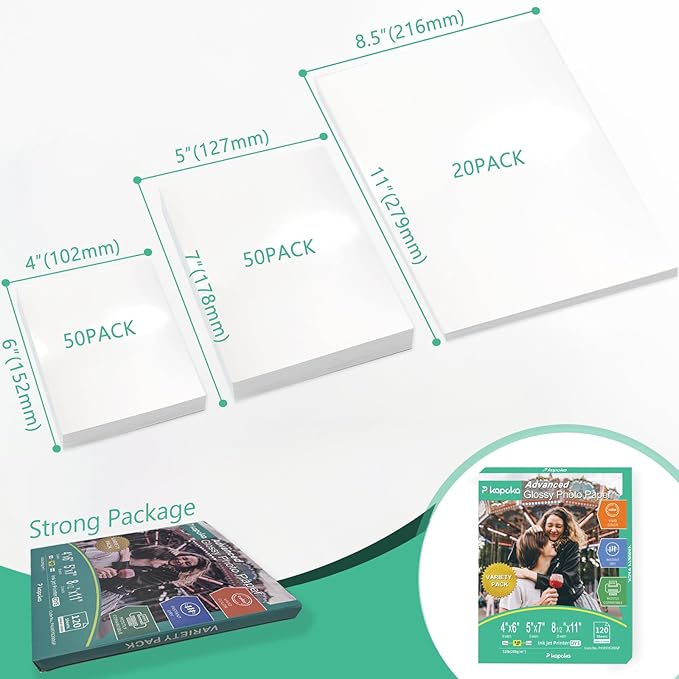 Glossy Photo Paper 4x6, 5x7, 8.5x11, 120 Variety Pack Bulk, Assorted Sizes, Inkjet printer, 52lb/200gsm