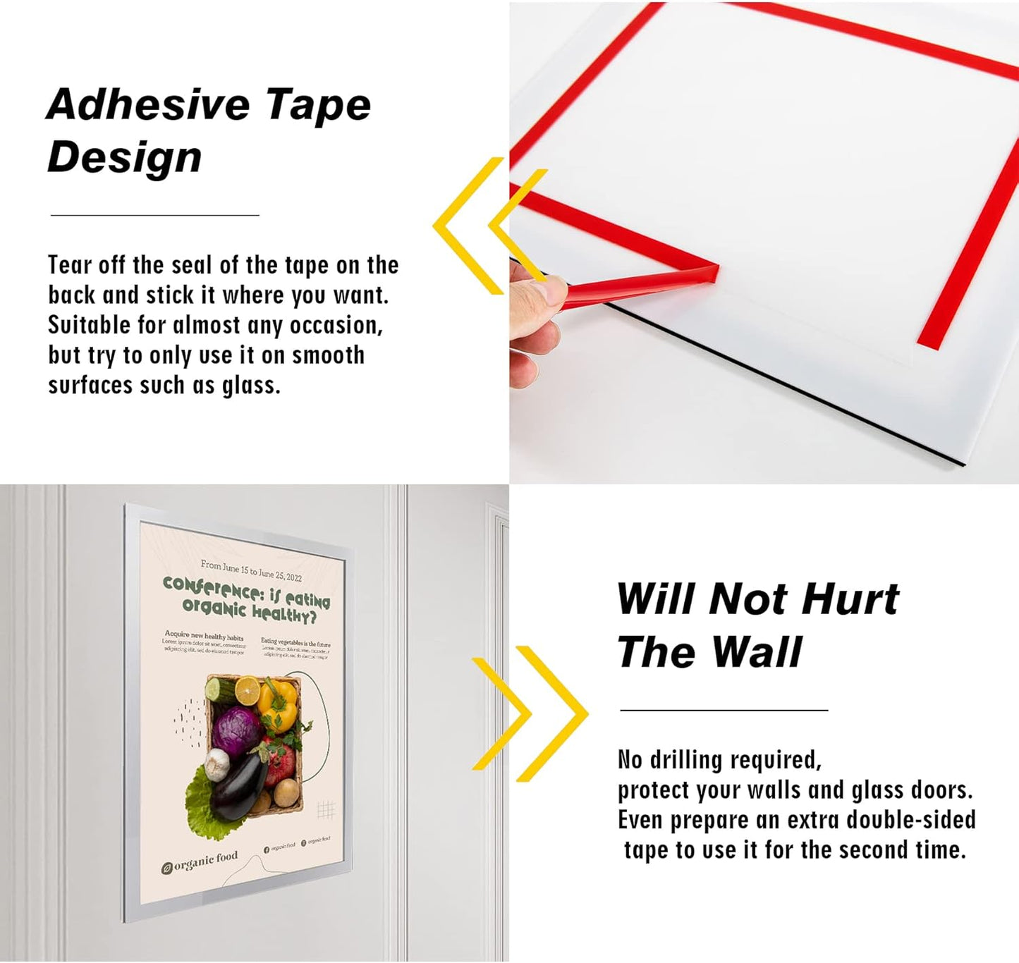 Acrylic Magnetic Sign Holder, Easy-Opening 8.5 x 11 Wall Mount Display Frames, Self Adhesive Back Plastic Clear Document Frame, Horizontal & Vertical Display (Silver, 12Pack)