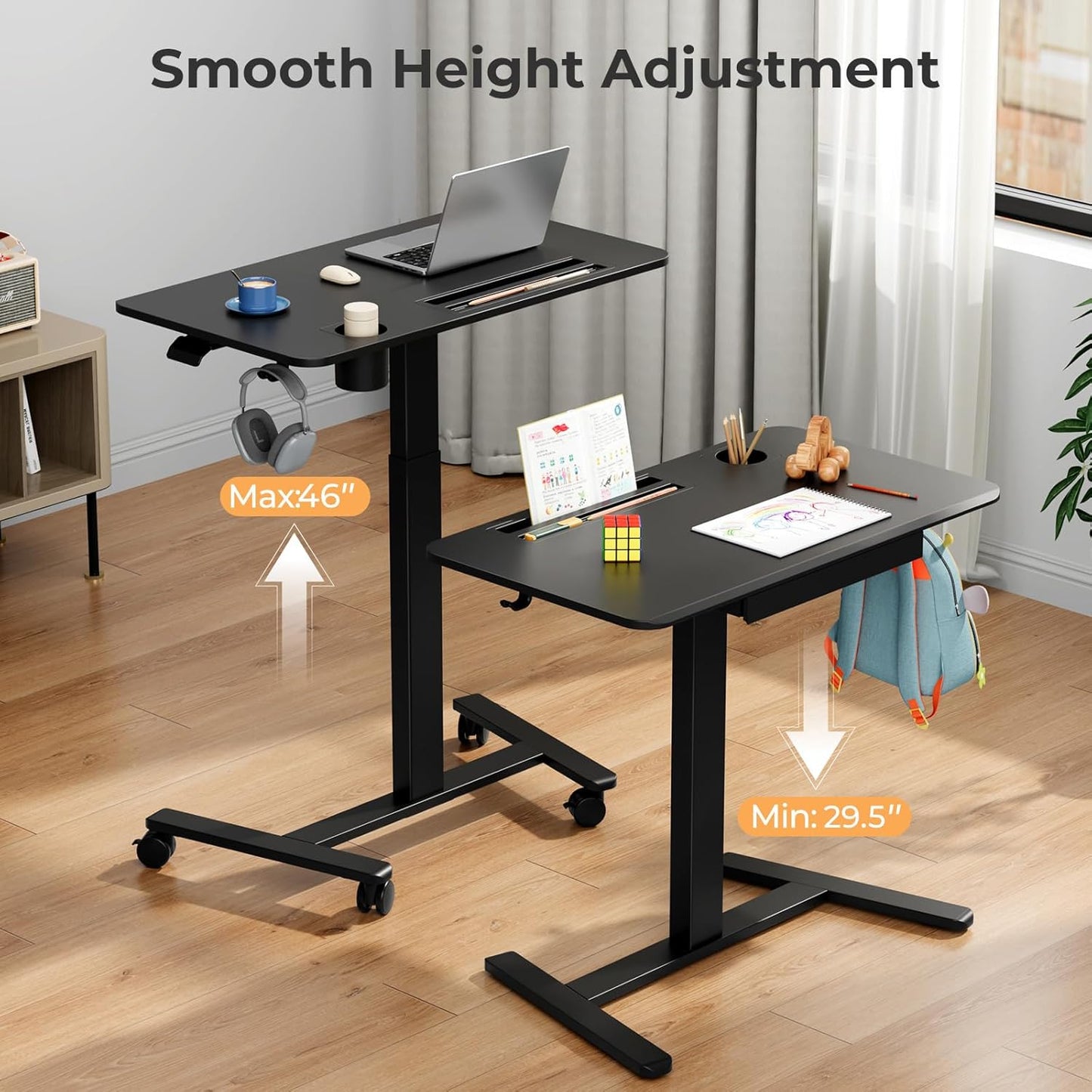 Mobile Standing Desk with Drawer, 35" Small Standing Desk with Cup Holder, Rolling Laptop Cart on Wheels, Height Adjustable Table with Storage for Home Office, Black