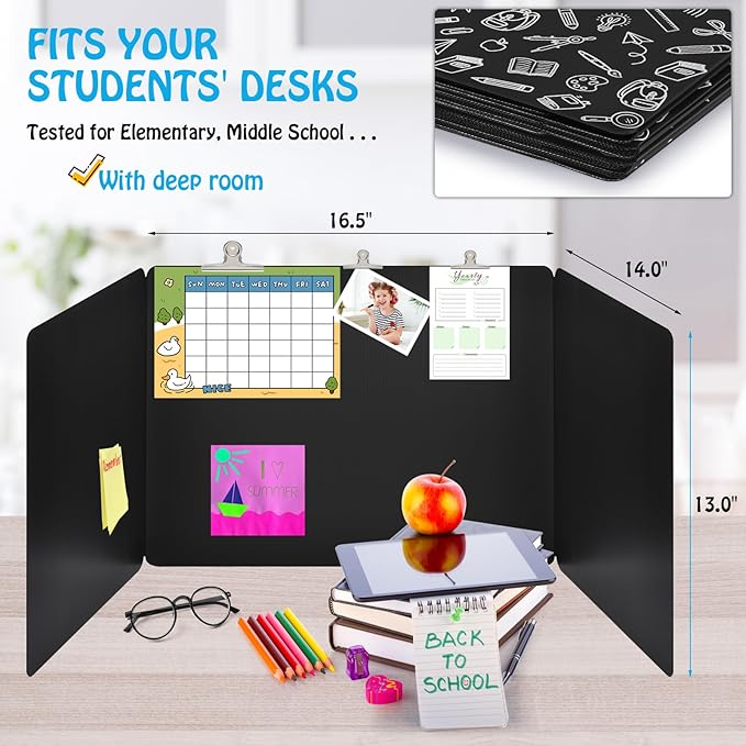 24 Pack Black Printing Privacy Floders for Student Desks - Durable Plastic Erasable - Testing Dividers for Classroom - Easy Clean Privacy Shields for Student - Includes Extra Labels