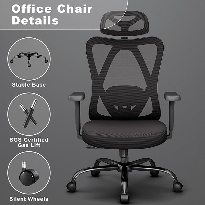 Ergonomic Office Chairs with Adjustable Headrest and Lumbar Support, High Back Mesh Home Computer Desk Chairs with 3D Armrest, 360° Swivel Wheels and Rocking Function, Black