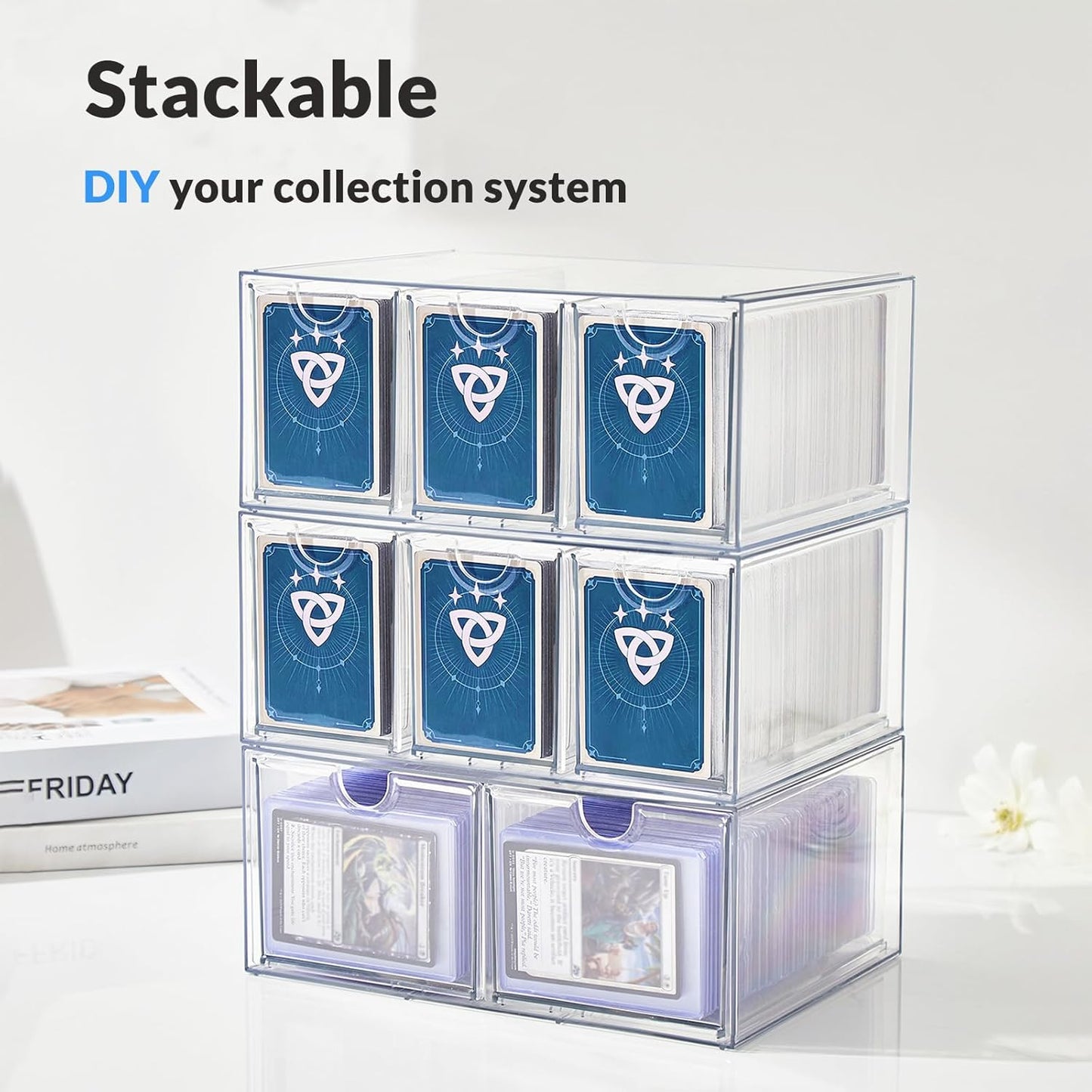 6 Drawer Trading Card Storage Box, 2200+ Cards Organizer with Divider, Clear Stackable Drawers for TCG, MTG, PTCG, Sports Cards (6 Drawer Card Box)