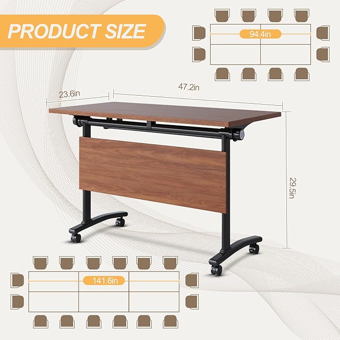 Conference Room Table with Silent Wheels, Mobile Folding Conference Table for 16 Person,Flip Top Office Training Tables with Walnuts Wood Tabletop, for School,Business Meeting Rooms (2 Pack 47in)