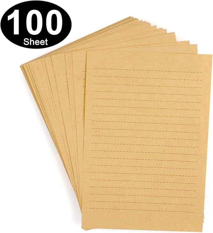 100pcs Vintage Kraft Stationary Paper 8.3 x 11.5 inch, A4 Sheets 120gsm Printable Lined Stationery Writing Letter Papers Bulk Set for Personalized Letters, Creative Poems, Lyrics, Office Notes