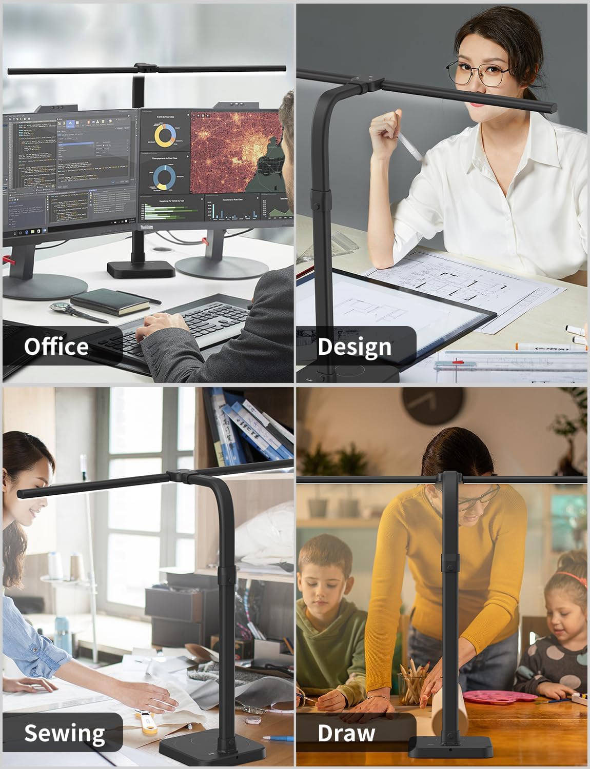 LED Desk Lamp for Home Office, Double Head 24W with Base, Architect Light 5 Lighting Brightness Flexible Gooseneck Table Reading Study, Black