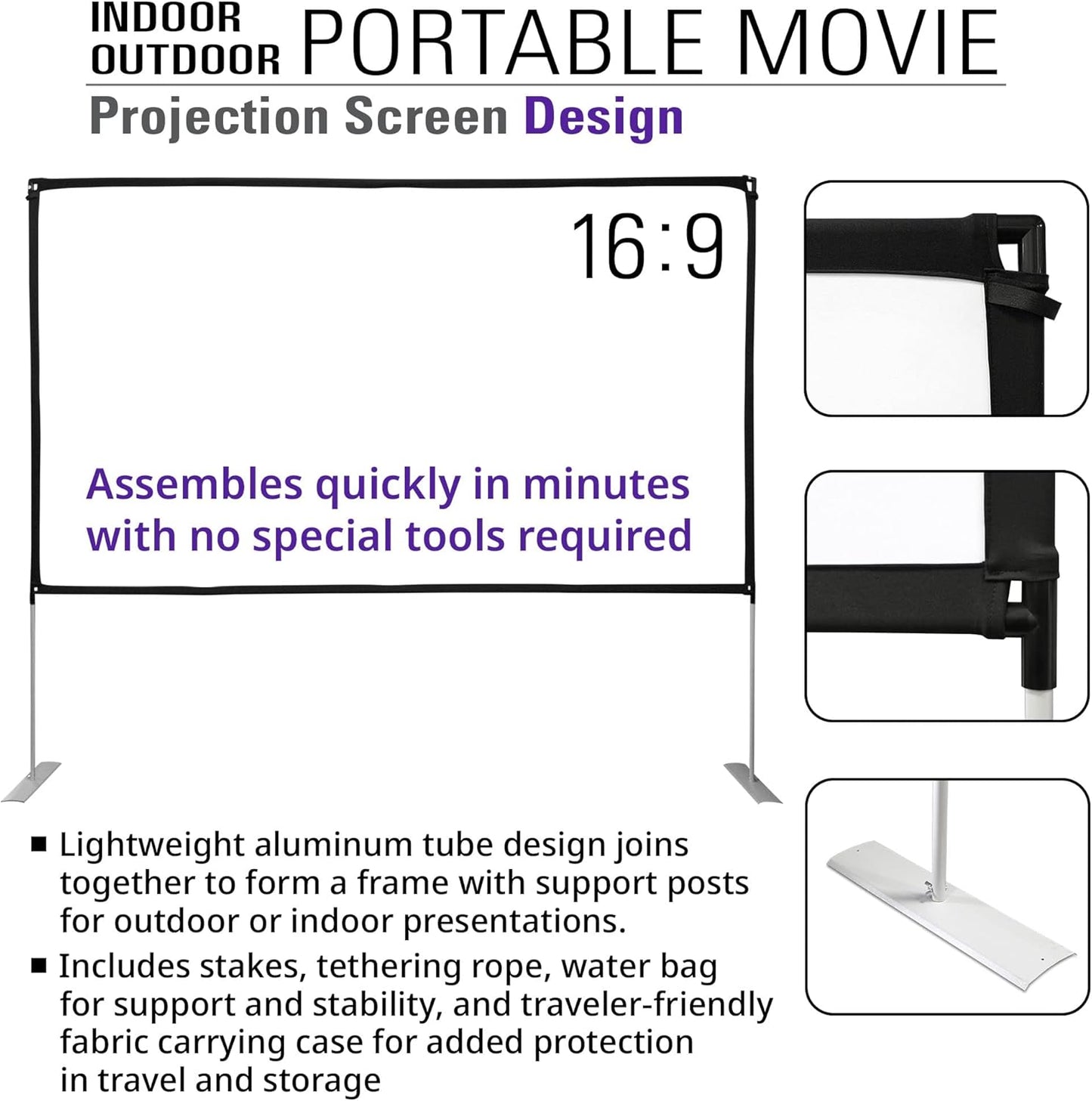 Akia Screens 125 inch Portable Projector Screen with Stand Upgraded and Carry Bag 16:9 HD Rear Front Projection Screen for Indoor Outdoor Home Theater Backyard Travel Foldable Movie Screen AK-OPS125H