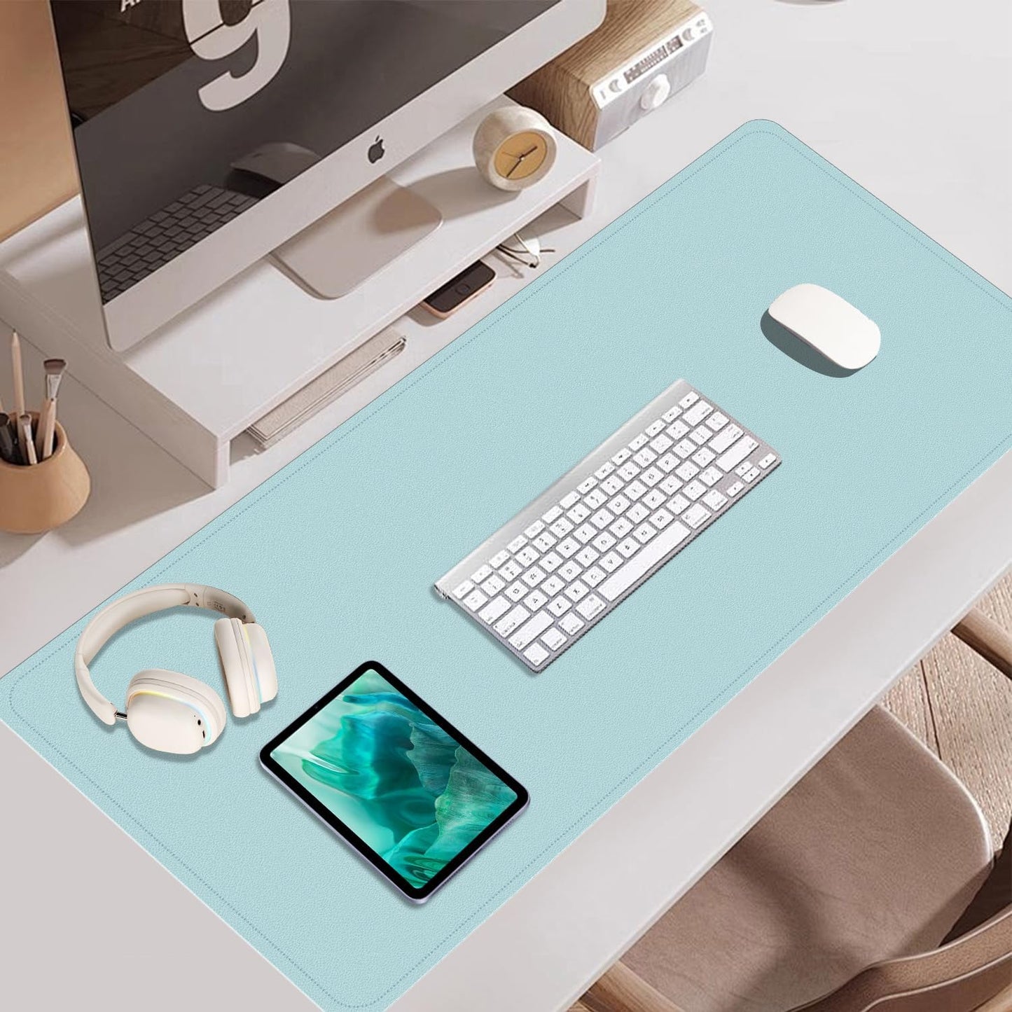 Large Desk Pad Mat - 47.2" x 17", Office Desk Mat - Non-Slip PU Leather & Cork Desk Blotter for Keyboard and Mouse - Light Blue