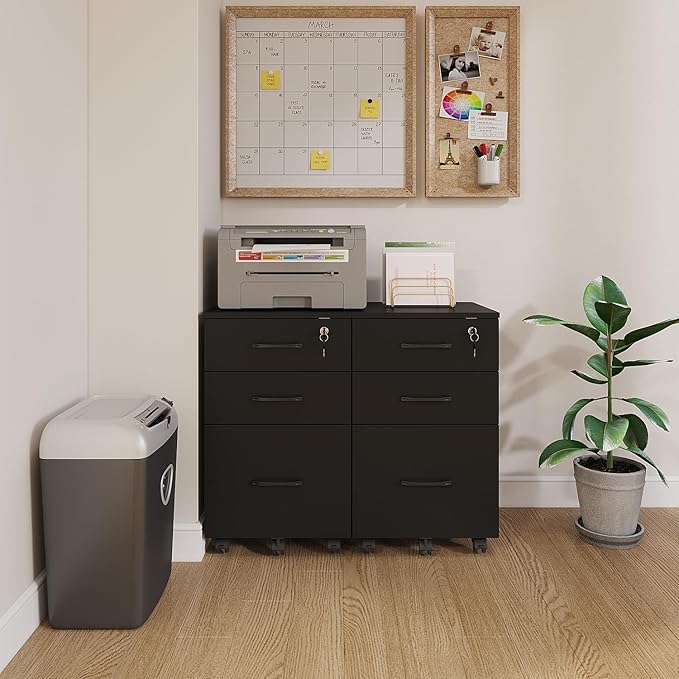 File Cabinet with Lock,3 Drawer Wood Rolling Filing Cabinets Under Desk for Home Office, Office Storage Cabinet fits Letter/A4 Size,Mobile Filing Cabinet Printer Stand,Black
