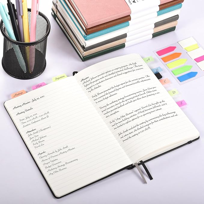 OMEYA Lined Journal Notebook, 3 Pack A5 College Ruled Notebooks for Work, Hardcover Notebook Each with 2 Pockets & Pen, Leather Journal for Women, Men, 160 Pages, 100GSM Thick Paper (Grey)