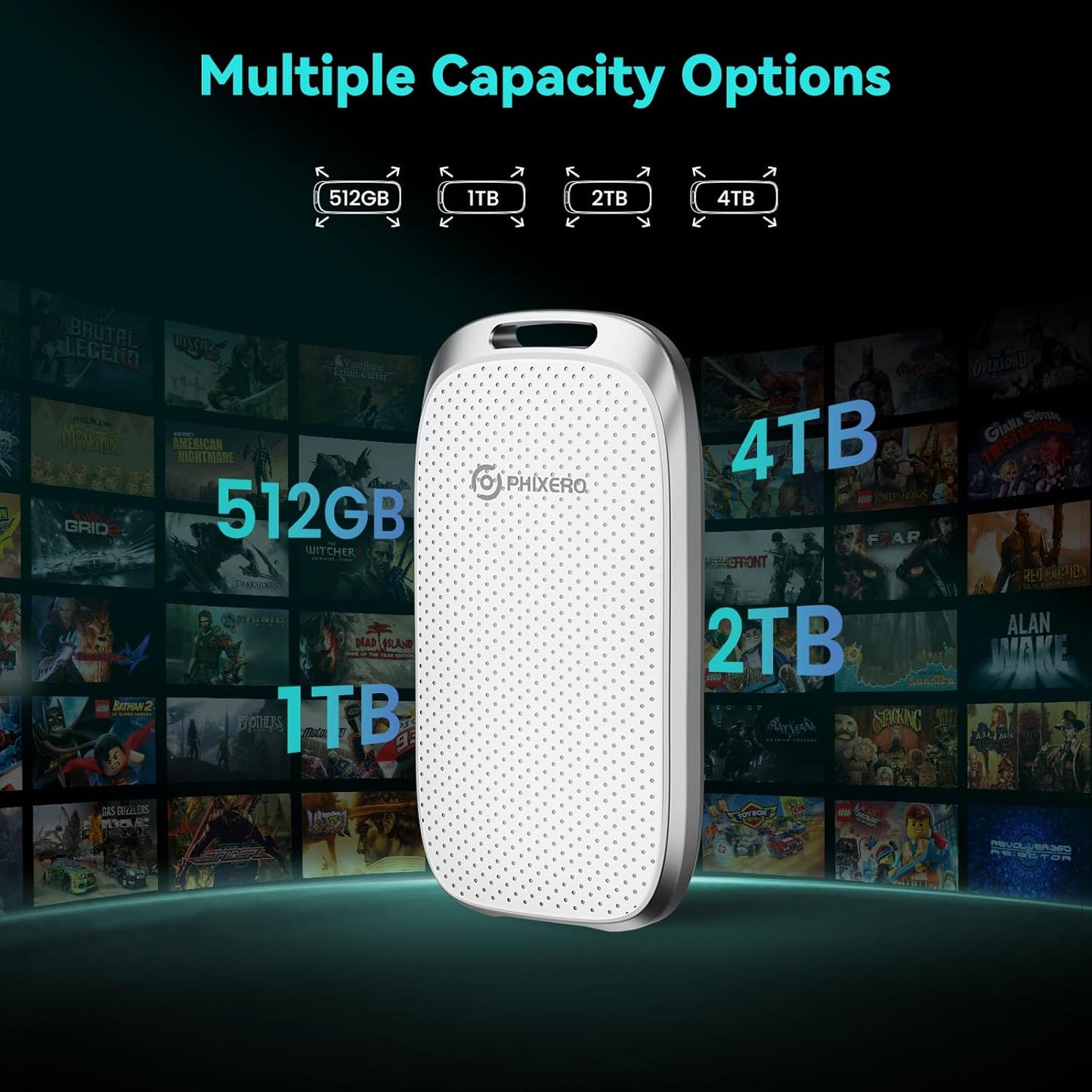 PHIXERO P5 1TB External Portable SSD - 5Gbps External Hard Drive with 2-in-1 USB C to C & USB C to A Cable for PC, Mac, PS5, Xbox | Anti-Shock, Compact Design with Lanyard Hole,White