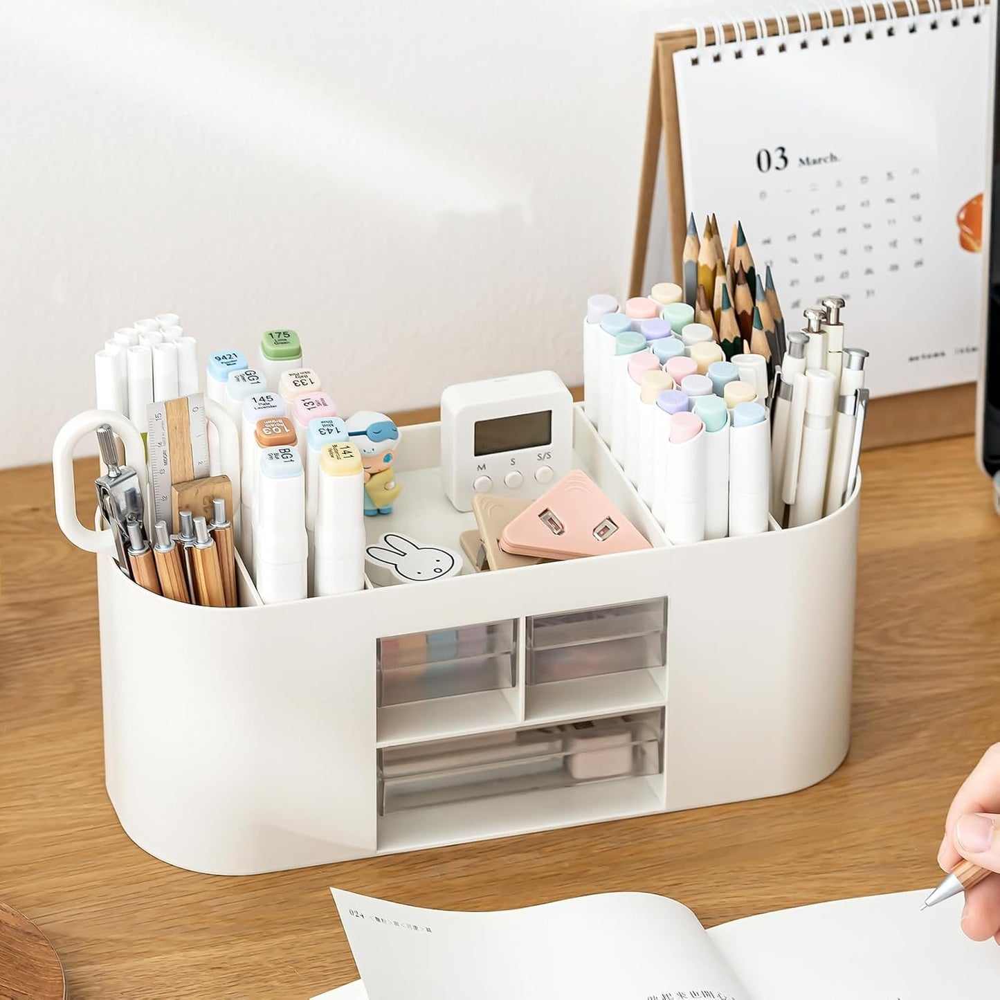 INSTOME Pencil Pen Holder for Desk with 3 Drawers - All-In-One Desk Organizer - Perfect Desk Accessories for Office Use - Stylish & Convenient Desk Organizers and Accessories (Beige)