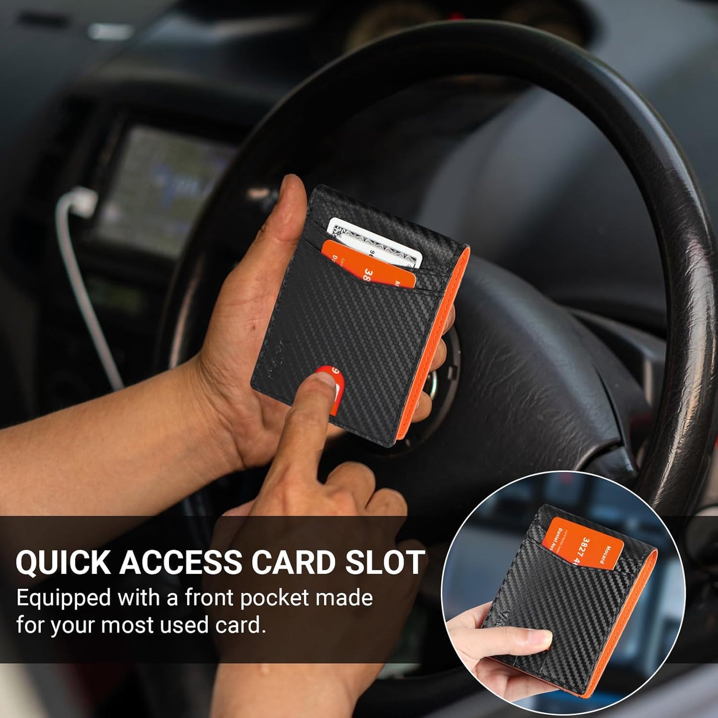 VATAN Wallet for Men, Mens Minimalist Wallet Credit Card Holder, Slim Leather Rfid 2 ID Window Large Capacity With Gift Box (Carbon Black and Orange)